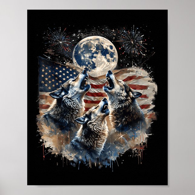 Póster Lobo 4 De Julio De Howling Wolves Under Moon Ameri (Frente)