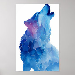 Póster Lobo a la acuarela azul aullando