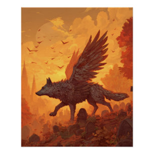 Póster Lobo Alado Ígneo en Crepúsculo en Llamas