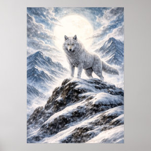 Póster Lobo Ártico En La Cima De Una Montaña Nevada - Art