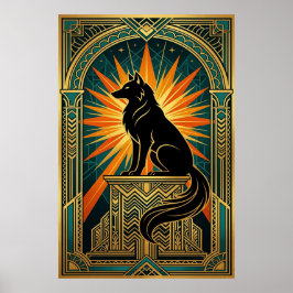 Póster Lobo aullador Art Deco ráfaga de sol dorada