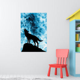 Póster Lobo aullador Humo azul nevado de invierno Abstrac