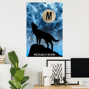 Póster Lobo aullador luna llena azul negro Monograma Pers