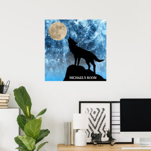 Póster Lobo aullador luna llena azul negro Nombre persona