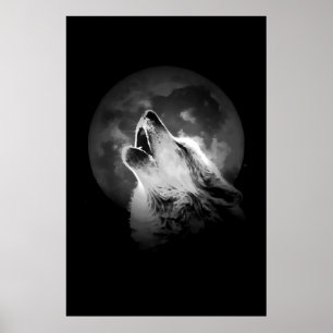 Póster Lobo aullador negro y blanco y luna