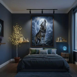 Póster Lobo aullando a la luna llena con tormenta de relá