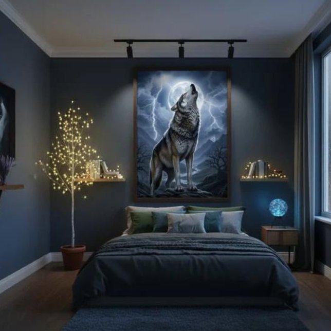 Póster Lobo aullando a la luna llena con tormenta de relá (Subido por el creador)