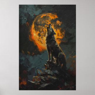 Póster Lobo Aullando a la Luna Llena Naranja Imprimible M