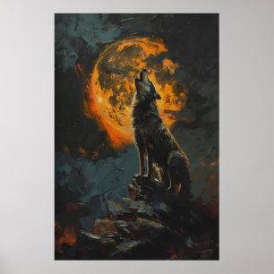 Póster Lobo Aullando a la Luna Llena Naranja Imprimible T