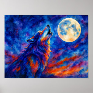 Póster Lobo aullando con luna llena en acuarela colorida