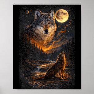 Póster Lobo Aullando Luna Bosque Naturaleza Amantes de la