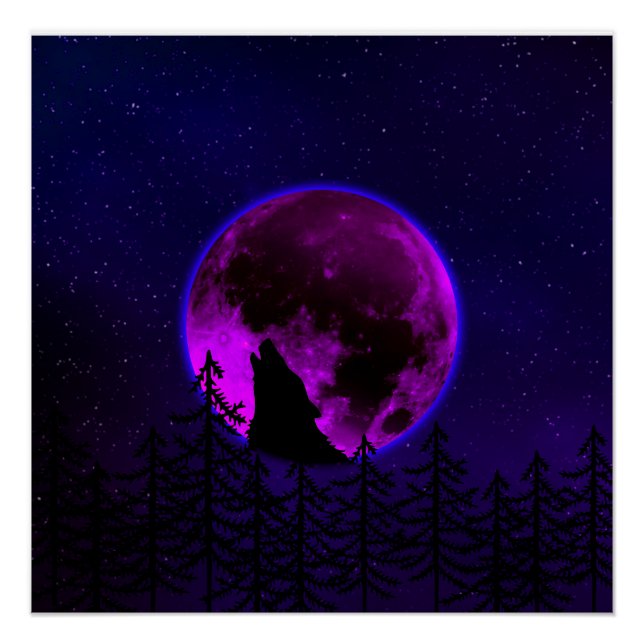 PÓSTER LOBO AULLANDO LUNA MAGENTA (Anverso)