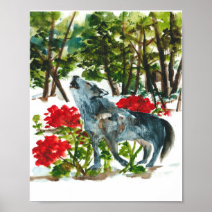 Póster Lobo aullante de acuarela