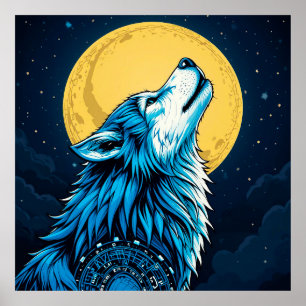 Póster Lobo Azul Místico Aullando a una Luna Llena