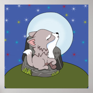 Póster Lobo Bebé Aullando a la Luna