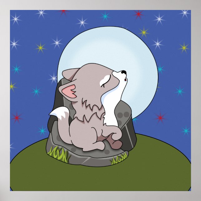 Póster Lobo Bebé Aullando a la Luna (Frente)