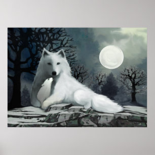 Póster Lobo blanco con Poster de cachorro