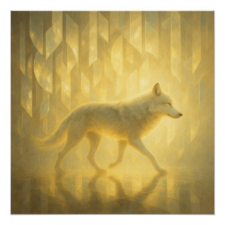 Póster Lobo Blanco Luminoso en el Reino de la Luz Dorada 