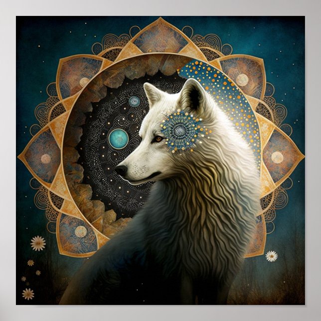 Póster Lobo blanco Mandala (Frente)