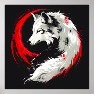 Póster Lobo blanco rojo lunar
