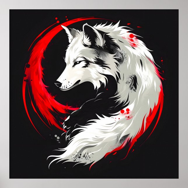 Póster Lobo blanco rojo lunar (Frente)