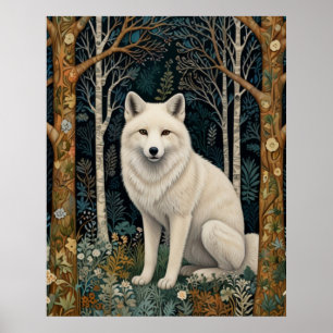 Póster Lobo blanco vintage boho bosque forestal