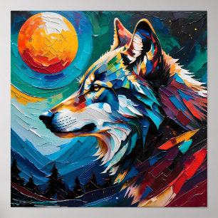 Póster Lobo Celestial Bajo Luna Pintada – Abstracto 