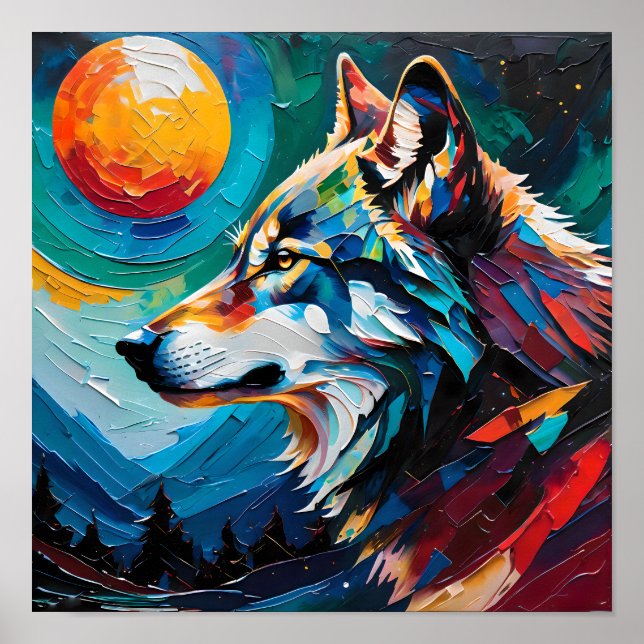Póster Lobo Celestial Bajo Luna Pintada – Abstracto  (Frente)