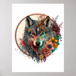 Póster Lobo colorido con flores