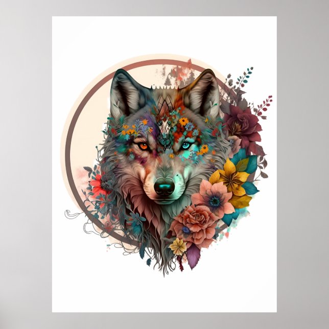 Póster Lobo colorido con flores (Frente)