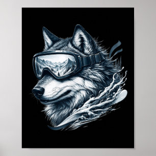 Póster Lobo con gafas de esquí y snowboard Lobo esquiando