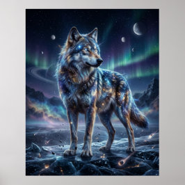 Póster Lobo Cósmico Bajo el Cielo de Aurora