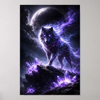 Póster Lobo Cristalino Púrpura Celestial Fantasía Montaña