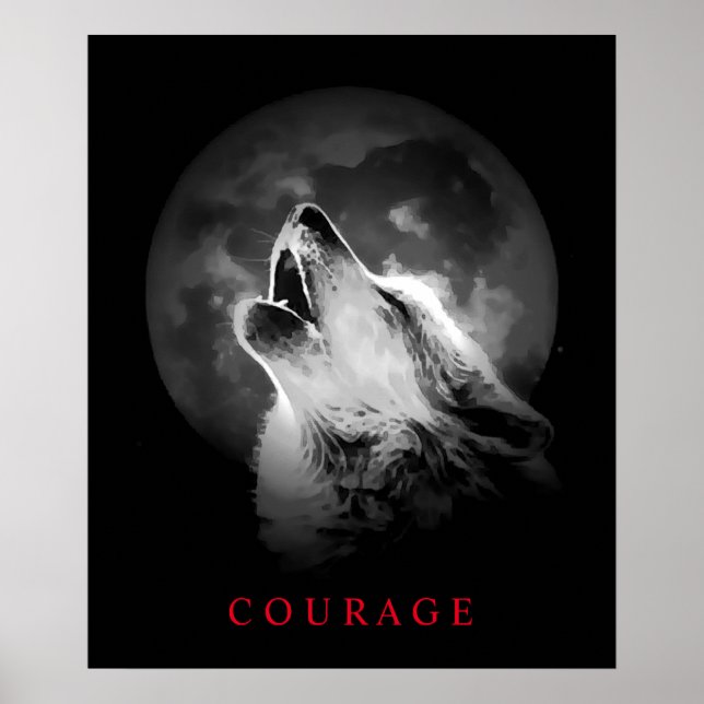 Póster Lobo de coraje motivador de luna de blanco y negro (Frente)