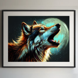 Póster Lobo de dibujos en pasto duro Luna III