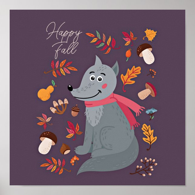 Póster Lobo de otoño con texto personalizado (Frente)