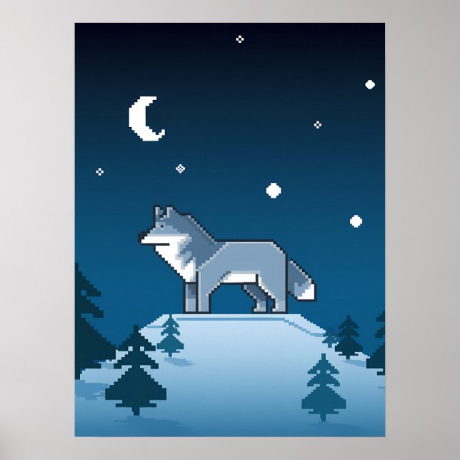 Póster Lobo de Pixel Art Lone Debajo de la Luna (Frente)