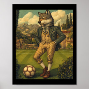 Póster Lobo Divertido Jugando Fútbol Gráfico Lobo Raro