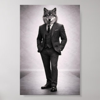Póster Lobo Elegante en Retrato de Traje Clásico