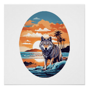 Póster Lobo en la playa