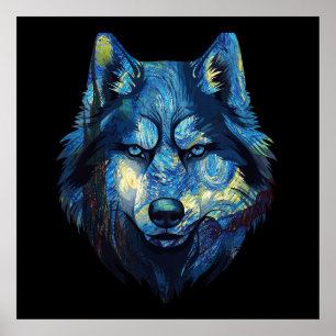 Póster Lobo en noche estrellada abstracto vida silvestre