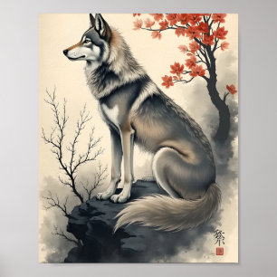 Póster Lobo en un jardín japonés