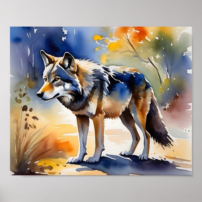Póster Lobo en una pintura de acuarela del bosque (Frente)