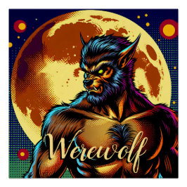 Póster Lobo estepario al estilo cómic delante de la luna 