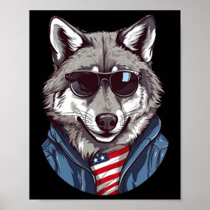 Póster Lobo Gris Con Bandera Patriótica De Estados Unidos