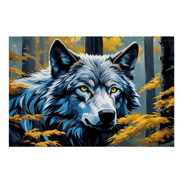 Póster Lobo gris en el bosque dorado (Anverso)