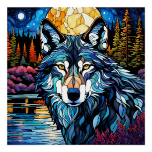 Póster Lobo gris en el vidrio manchado del bosque