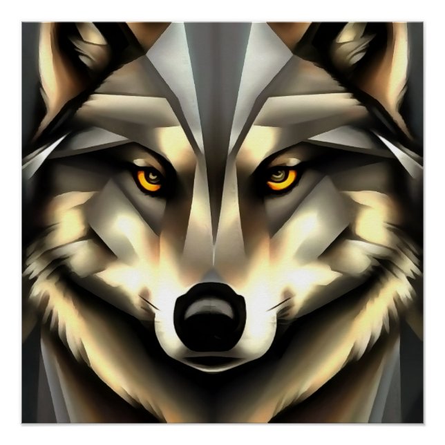 Póster Lobo Gris En Estilo De Arte Geométrico (Anverso)