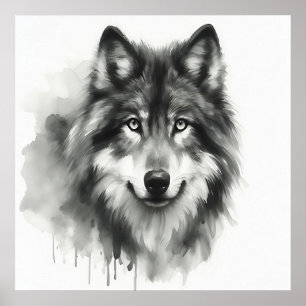 Póster Lobo Gris Majestuoso Impresionante Fauna en Acuare