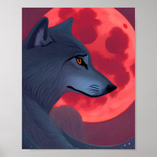 Póster Lobo gris mira una luna de sangre